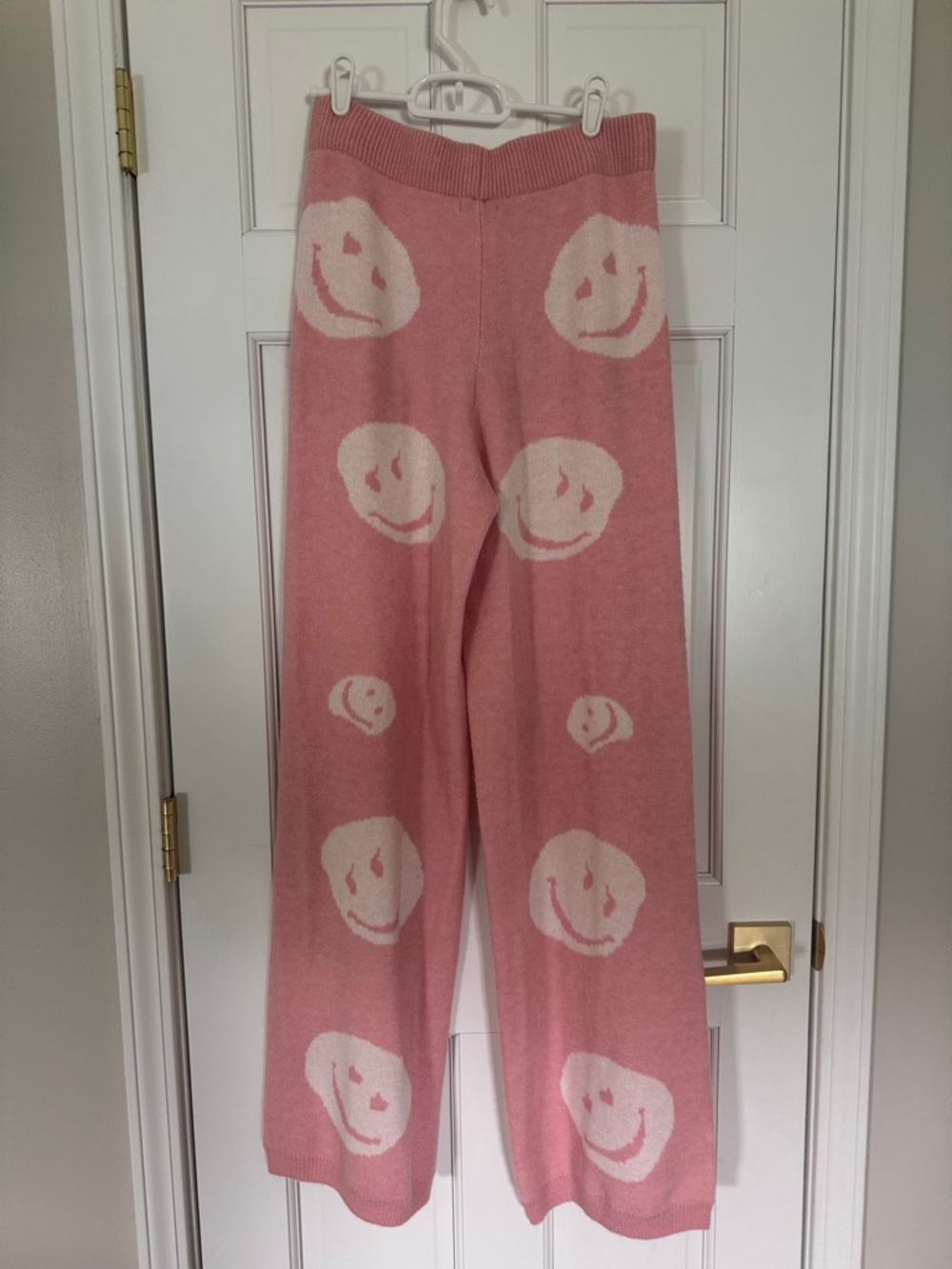 Fashion Nova Pink Wide Leg Knit Pants with White Smiley Faces